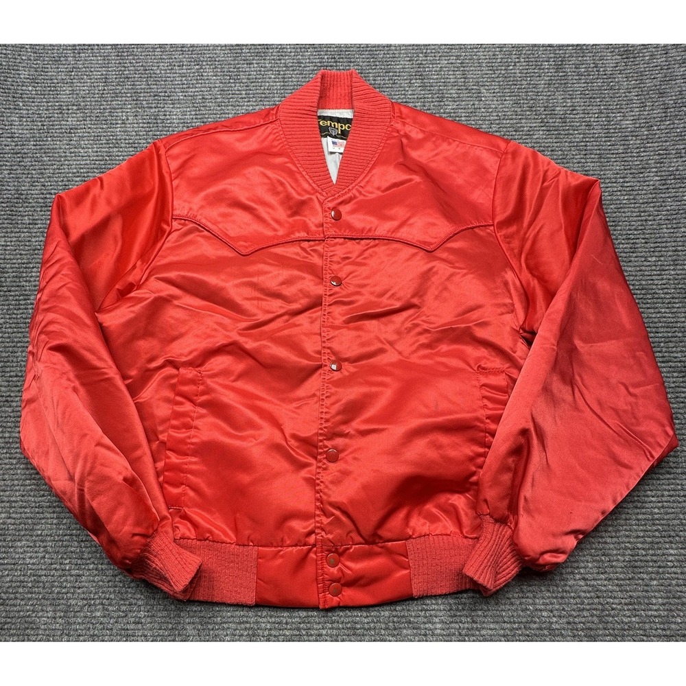 Vintage Tempco Jacket Mens L Red Nylon Satin Bomber Snap Front Made‎ In USA 80s